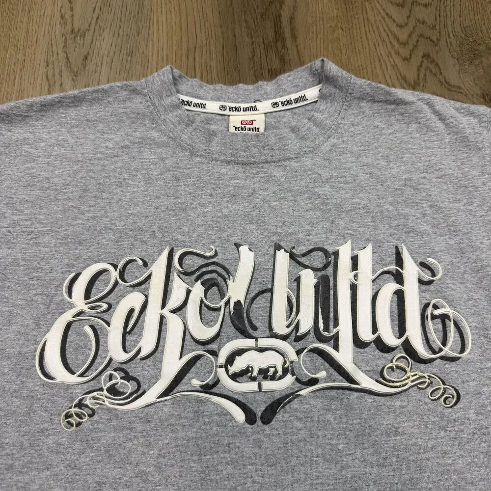 Ecko Unltd Shirt Mens Large Gray Y2K Graphitti Logo Graphic Rhino Brand Classic